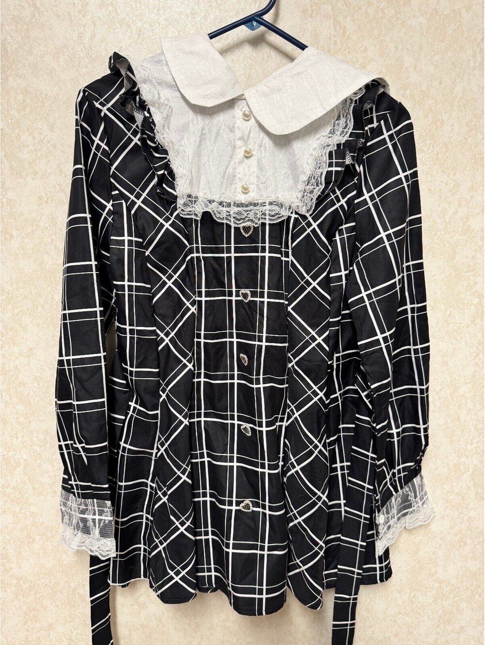 Yi Pin Tang Goth Lolita Plaid Dress NWT White Lace Collar Heart Buttons L